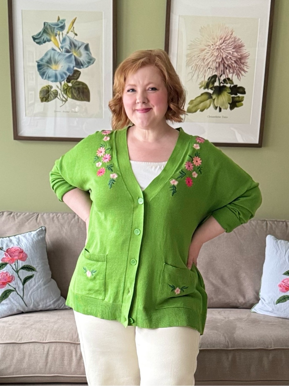 Ulla Popken Green Flower Embroidered Cardigan